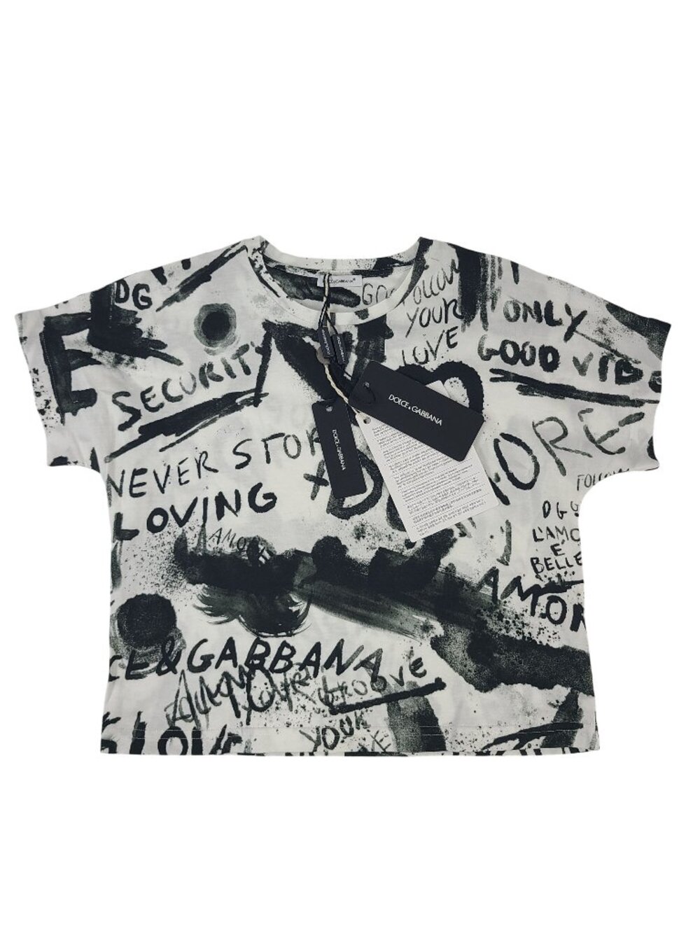 Dolce & Gabbana Baby Graffiti Short-Sleeve T-Shirt 100% Cotton White Black Sz 6